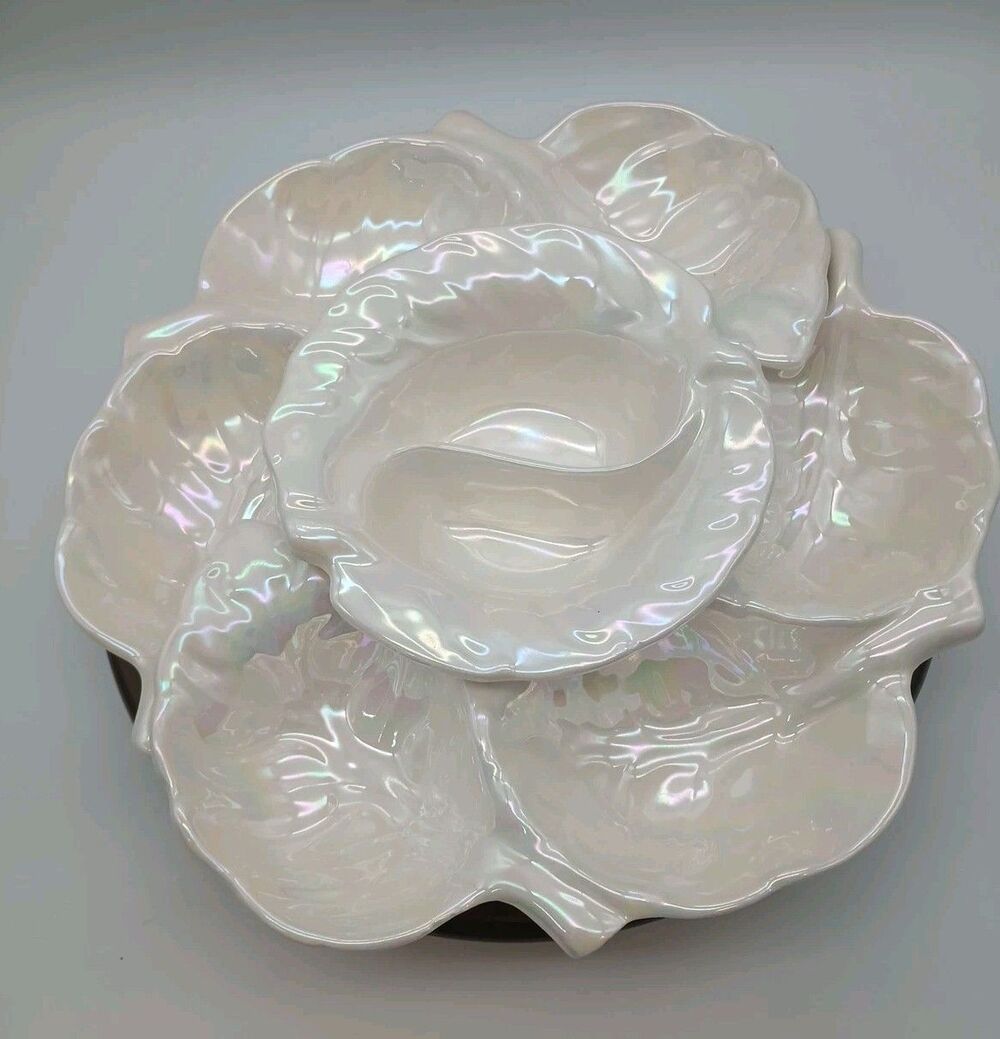 California Pottery Iridescent MCM Divided Serving 4 Piece Set  Leaves Wood Stand